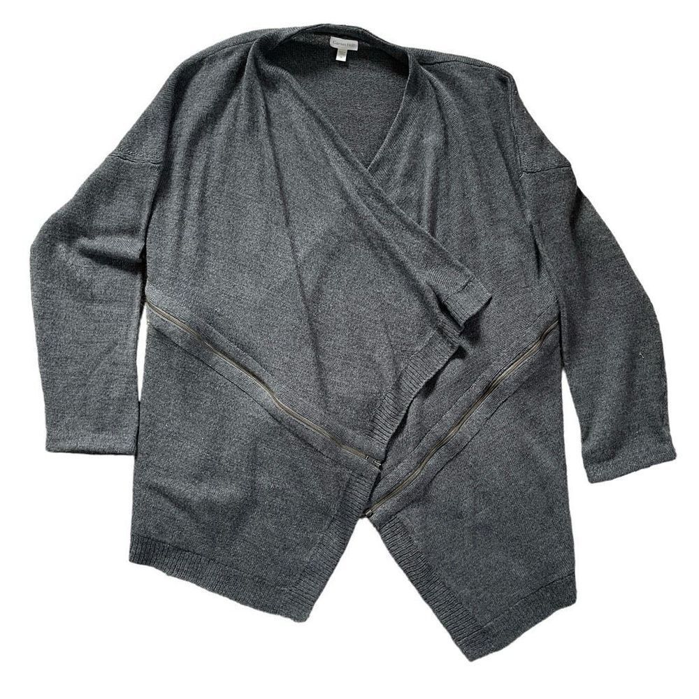 Garnet Hill Wool Linen Drape Front Open Cardigan Zipper Detail Pockets